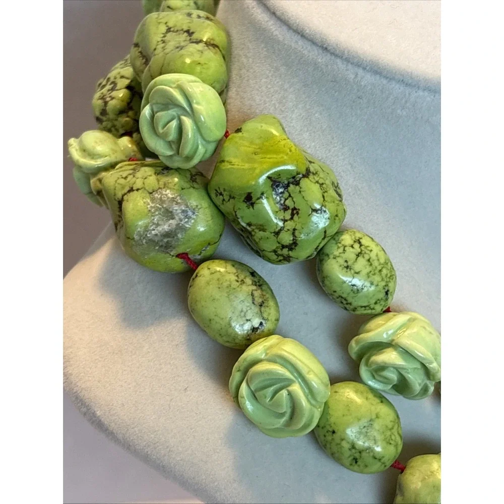 Artisan Apple Green Mineral Gaspeite Nugget Rose Southwest Statement Necklace